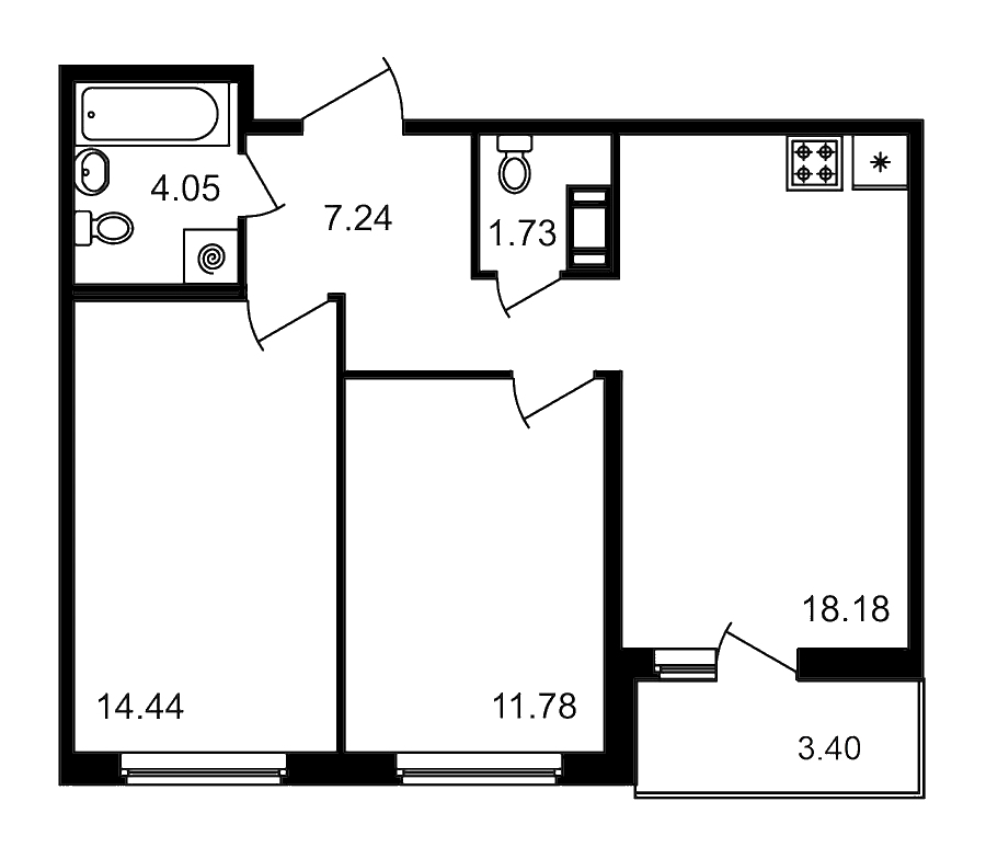 2-комнатная квартира 57.42 м², 15/15 эт., ЖК «Новые горизонты»